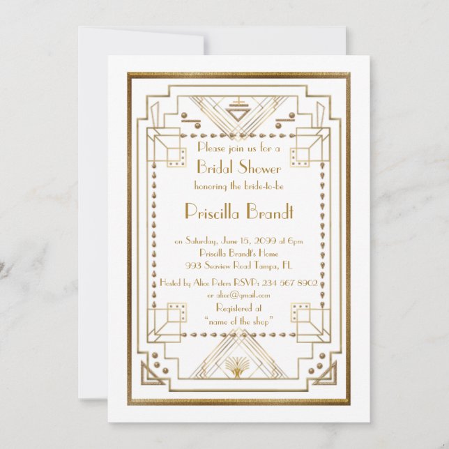 Bridal Shower invitation,great Gatsby, white, gold Invitation (Front)