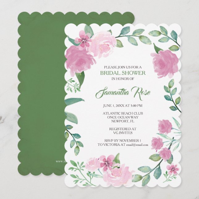 BRIDAL SHOWER INVITATION, Greenery Pink Roses Invitation (Front/Back)