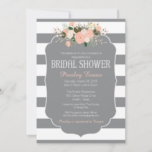 Bridal Shower Invitation, grey stripe peach floral 5" X 7" Invitation Card