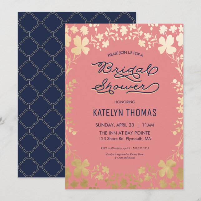 Bridal Shower Invitation, Navy, Coral, Gold Floral Invitation (Front/Back)