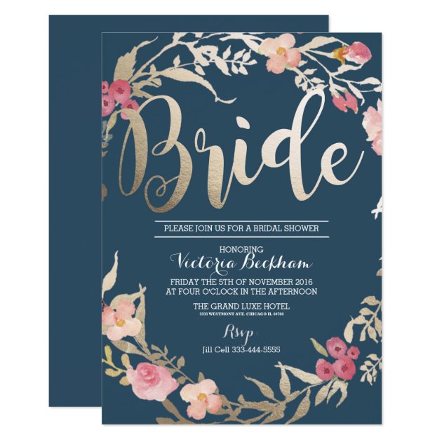 Bridal Shower Invitation, Navy Floral Foil Bride Card