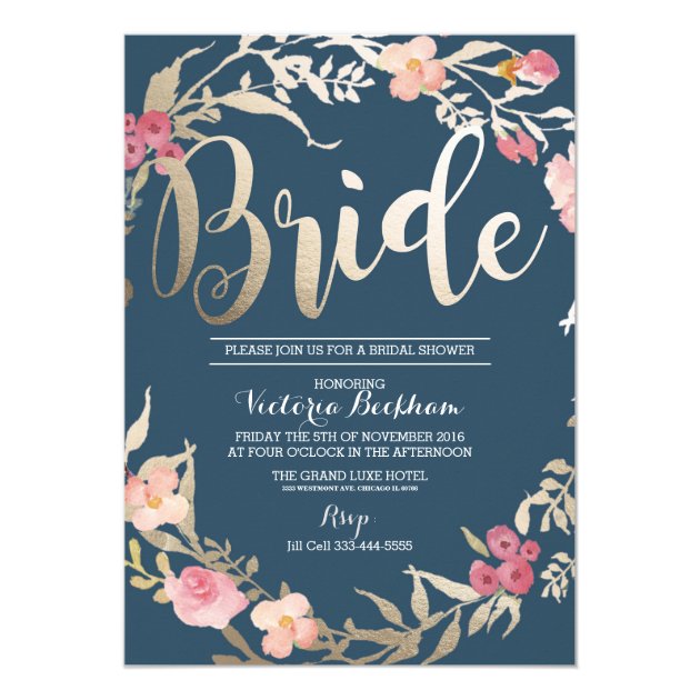Bridal Shower Invitation, Navy Floral Foil Bride Card