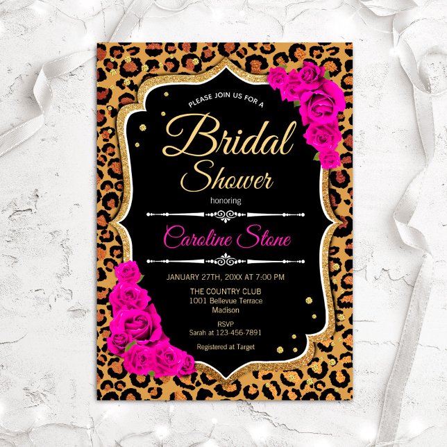 Bridal Shower Invitation Pink Roses Leopard Print (Creator Uploaded)