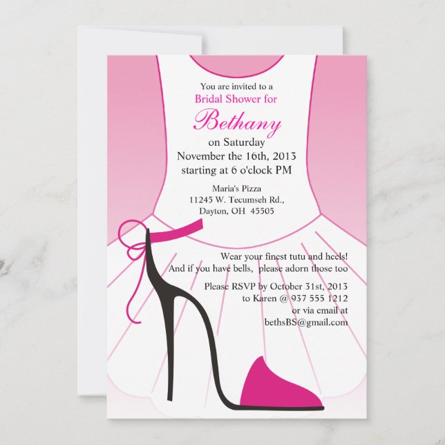Bridal Shower Invitation Pink Tutu High Heels (Front)