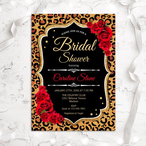 Bridal Shower Invitation Red Roses Leopard Print
