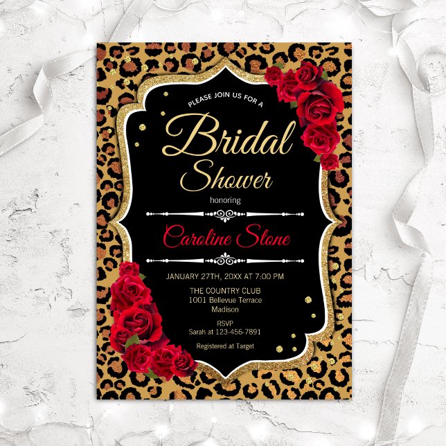 Bridal Shower Invitation Red Roses Leopard Print