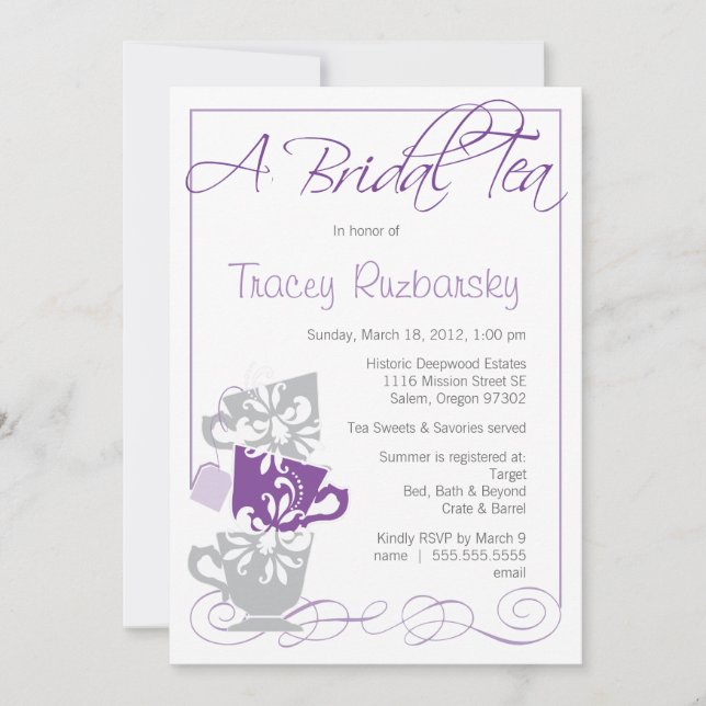 Bridal Shower Invitation - Tea  |  Purple and Gray (Front)