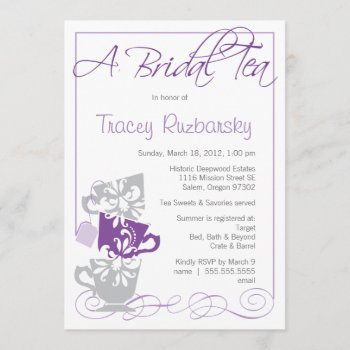 Bridal Shower Invitation - Tea  |  Purple And Gray by OrangeOstrichDesigns at Zazzle