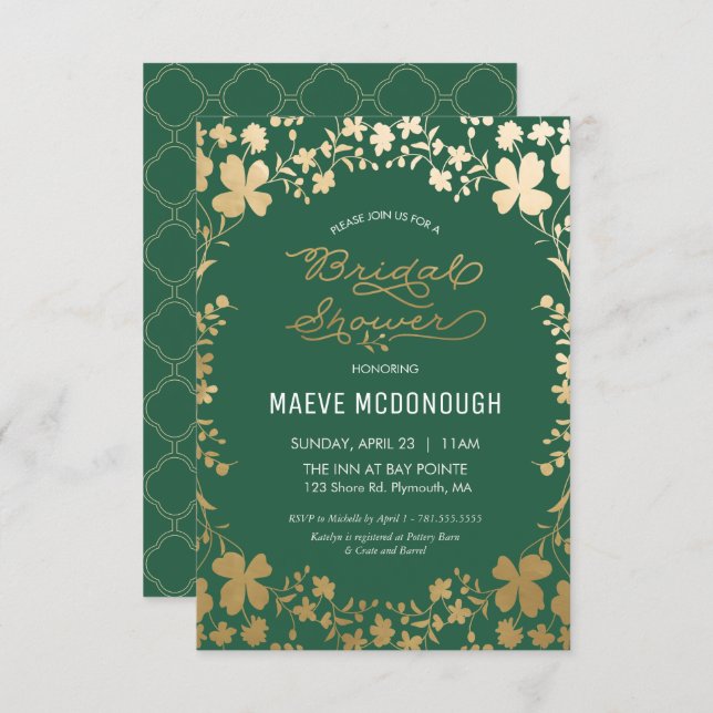 Bridal Shower Invitation, Vintage Green & Gold Invitation (Front/Back)