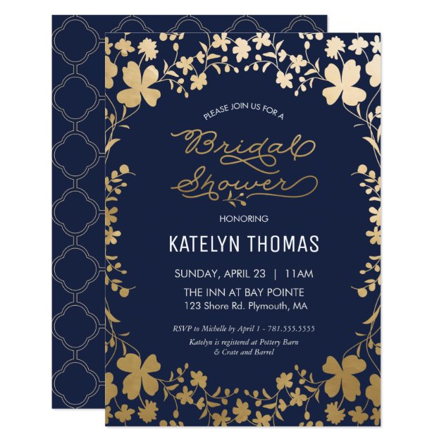 Bridal Shower Invitation, Vintage Navy Gold Flower Card