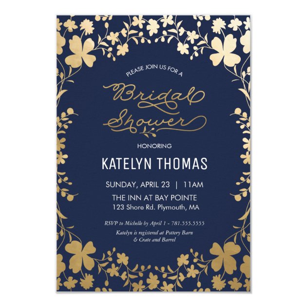 Bridal Shower Invitation, Vintage Navy Gold Flower Card