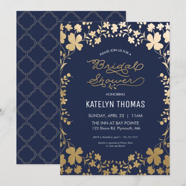 Bridal Shower Invitation, Vintage Navy Gold Flower Invitation (Front/Back)