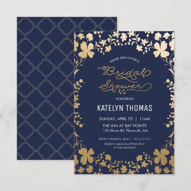 Bridal Shower Invitation, Vintage Navy Gold -small Invitation (Front/Back)