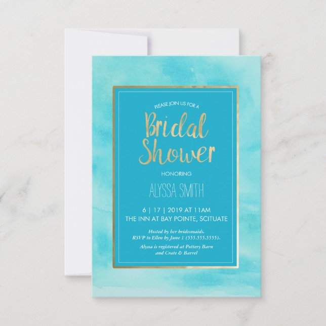 Bridal Shower Invitation - Watercolor, Beach, Gold (Front)