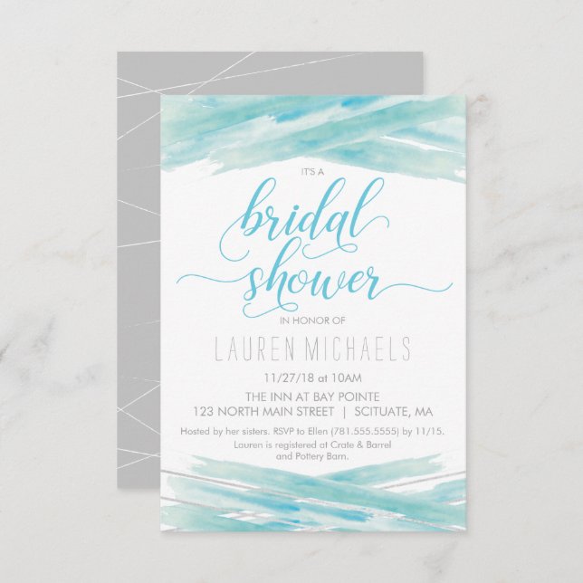 Bridal Shower Invitation - Watercolor, Blue Silver (Front/Back)