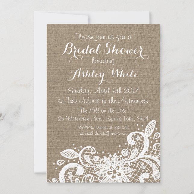 Bridal Shower invitation with burlap and lace (Front)