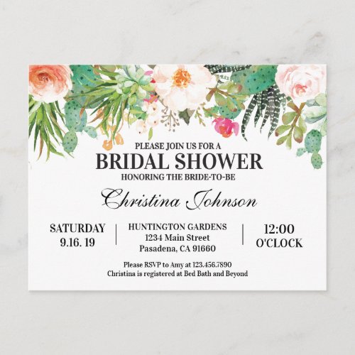Bridal Shower Invitation with succulents cactus Postcard