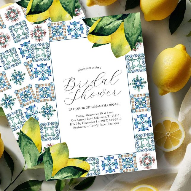 Bridal Shower Invitations Amalfi Coast Theme (Amalfi coast bridal shower theme invitations with blue & yellow watercolor Victoria Grigaliunas)