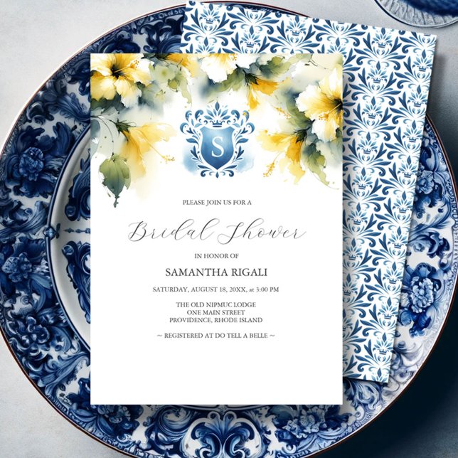 Bridal Shower Invitations Blue and Yellow (Blue and yellow bridal shower invitations watercolor flowers and monogrammed crest unique art.)