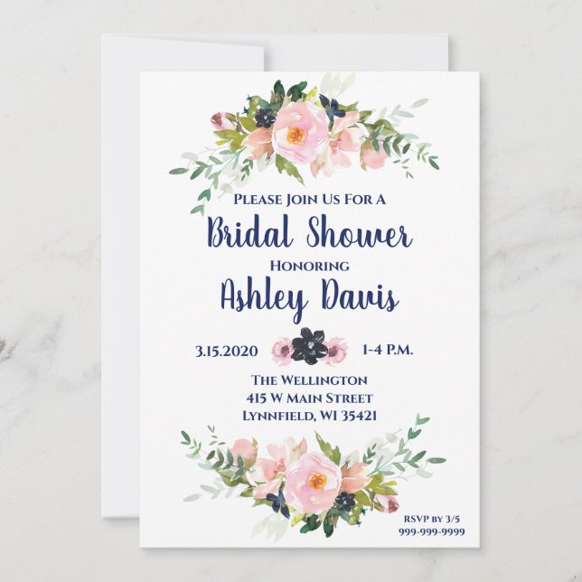 Bridal Shower Invitations Pink Navy Floral Brunch (Front)