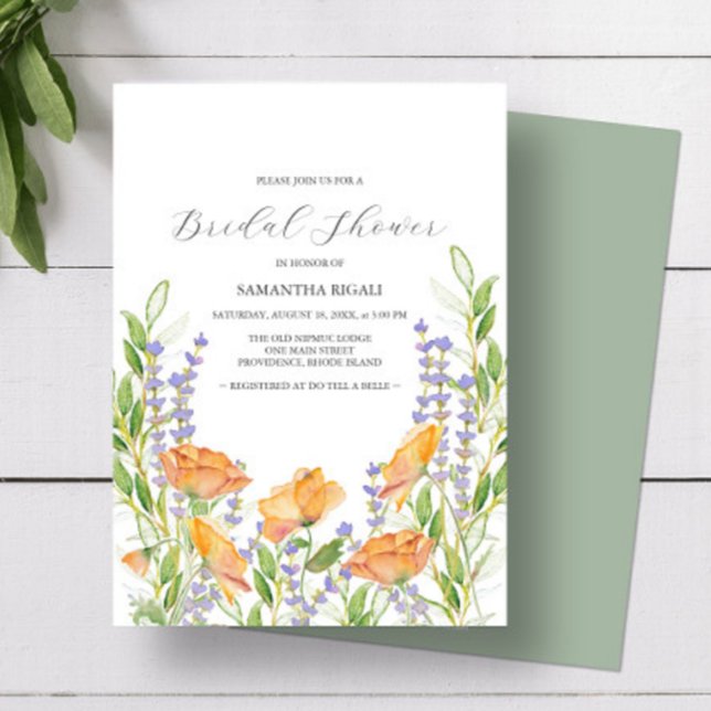 Bridal Shower Invitations – Sage Green & Boho Chic (Bridal shower invitations feature watercolor wildflowers by Victoria Grigaliunas of Do Tell A Belle)