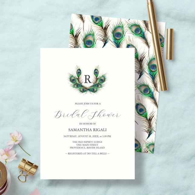 Bridal Shower Invitations Watercolor Peacock (Monogrammed Bridal Shower Invitations feature watercolor peacock feathers by Victoria Grigaliunas )