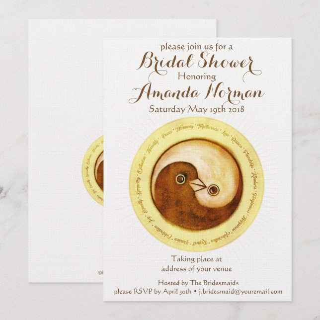 BRIDAL SHOWER INVITE gold YinYang doves (Front/Back)