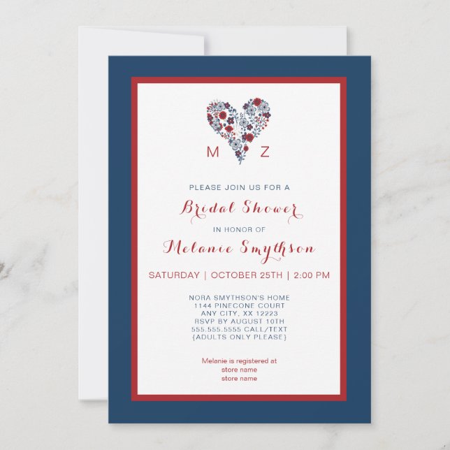 Bridal Shower Invite, red navy floral heart 3986 Invitation (Front)