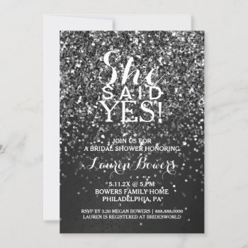 Bridal Shower Invite She Said Yes Black Glitter by Evented at Zazzle