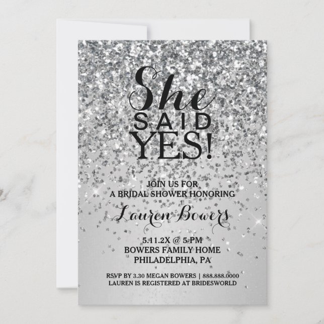 Bridal Shower Invite She Said Yes Silver Glitter  (Front)
