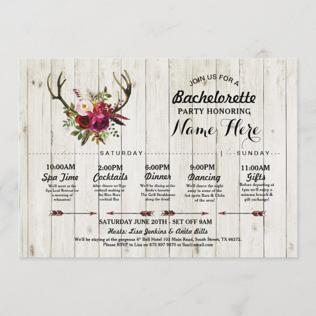Bridal Shower Itinerary Bachelorette Antler Rustic Program (Front)