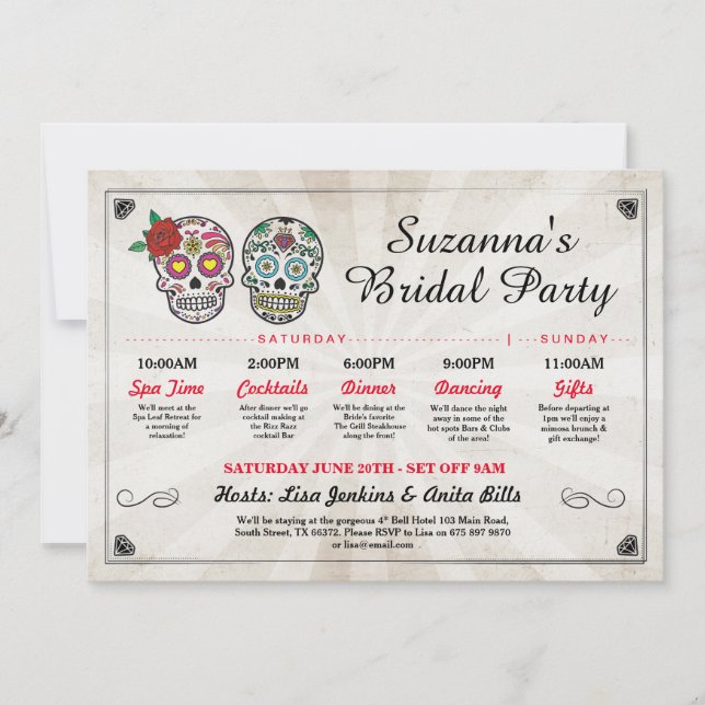 Bridal Shower Itinerary Bachelorette Sugar Skulls Invitation (Front)
