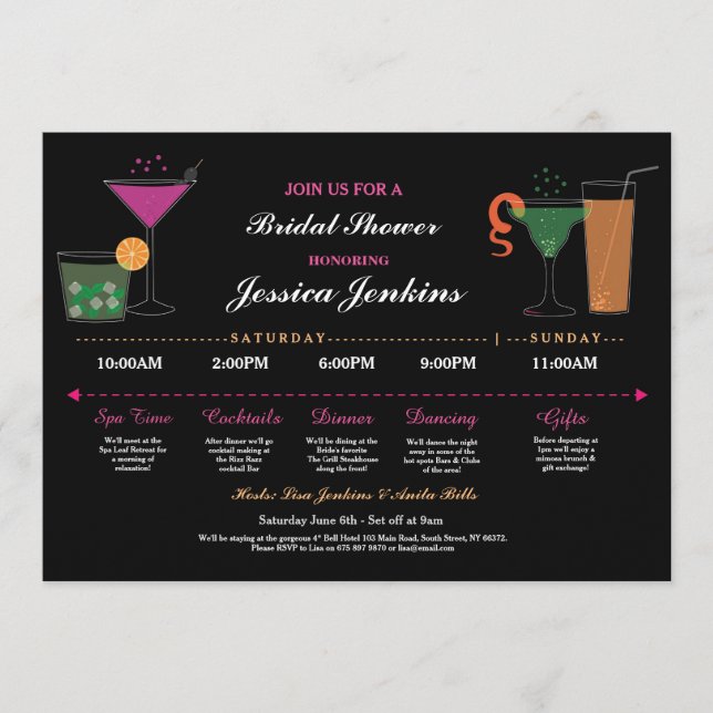 Bridal Shower Itinerary Black & Pink Bachelorette Program (Front)