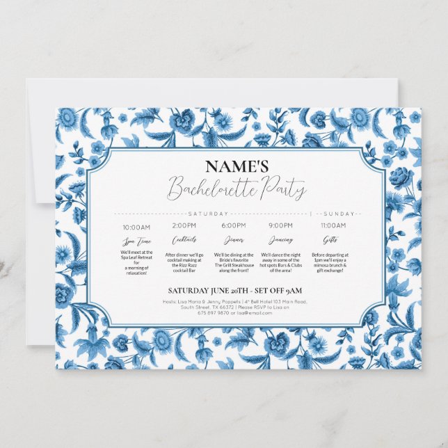 Bridal Shower Itinerary Chintz Blue & White Floral Invitation (Front)