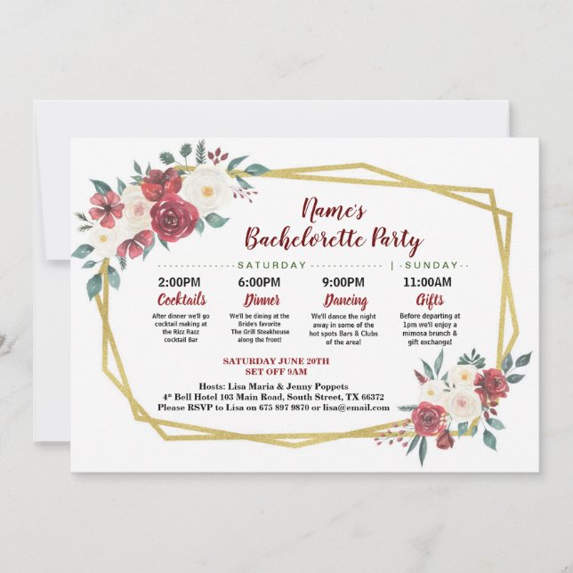 Bridal Shower Itinerary Gold Floral Red & Cream Invitation (Front)