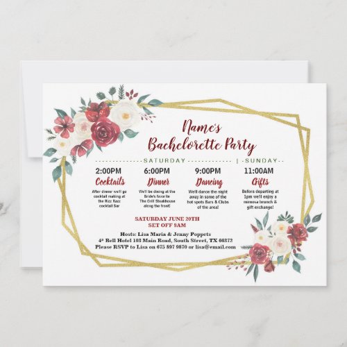 Bridal Shower Itinerary Gold Floral Red  Cream Invitation
