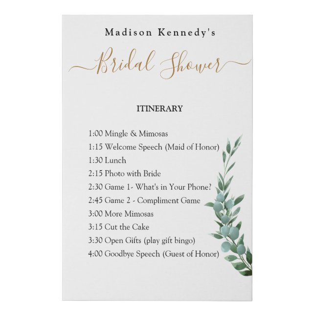 Bridal Shower Itinerary Plan Eucalyptus Fun  Faux Canvas Print (Front)