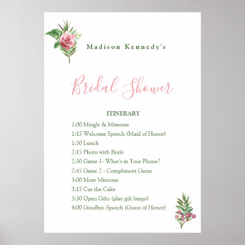 Bridal Shower Itinerary Plan Rose Floral Epic Fab  Poster