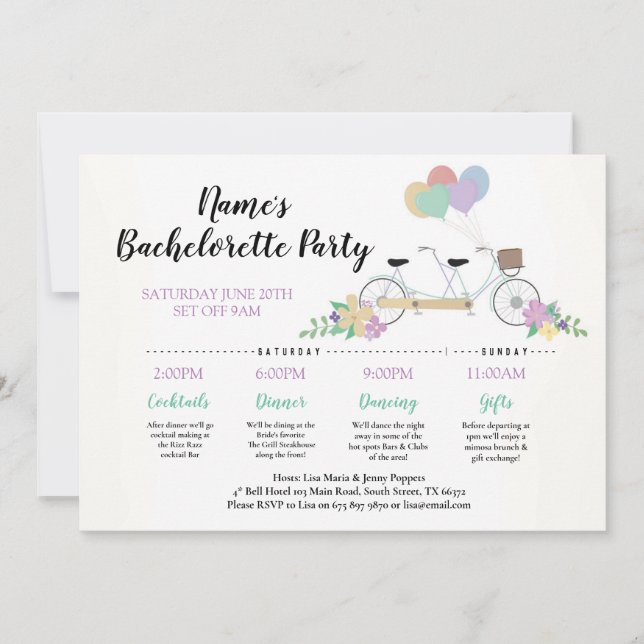 Bridal Shower Itinerary Tandem Bike Balloons Fun Invitation (Front)