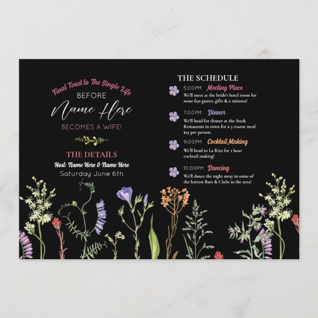 Bridal Shower Itinerary Wildflowers Floral Dark Program (Front)