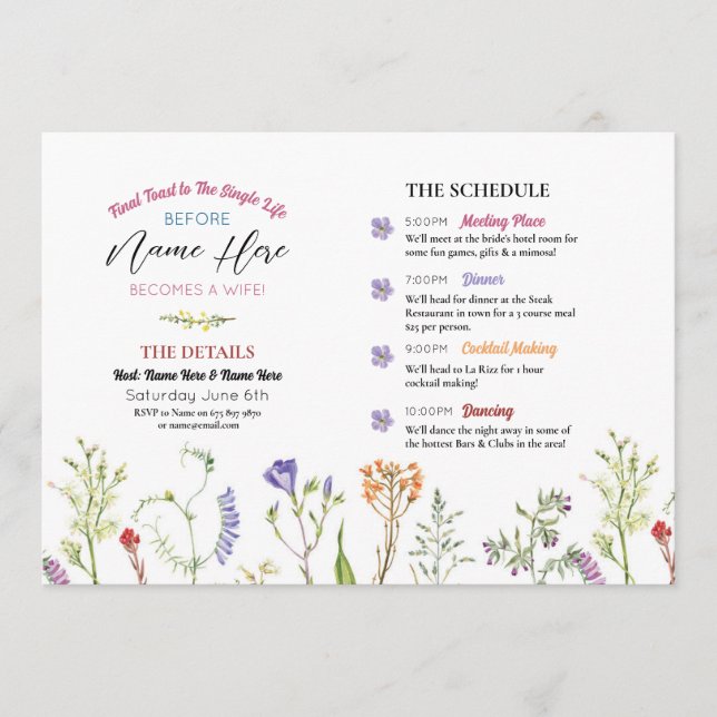 Bridal Shower Itinerary Wildflowers Floral Program (Front)