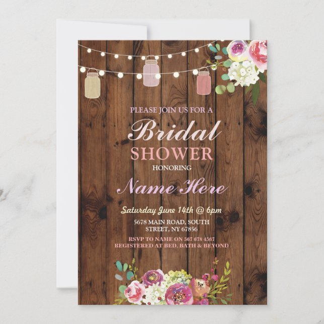 Bridal Shower Jars Invite Rustic Wood Floral (Front)