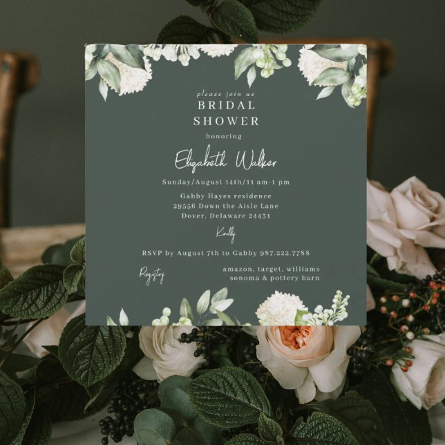 Bridal Shower Juniper White Hydrangea Square Invitation (Creator Uploaded)