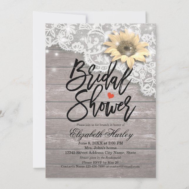 Bridal Shower Lace Sunflower Wood & String Lights Invitation (Front)