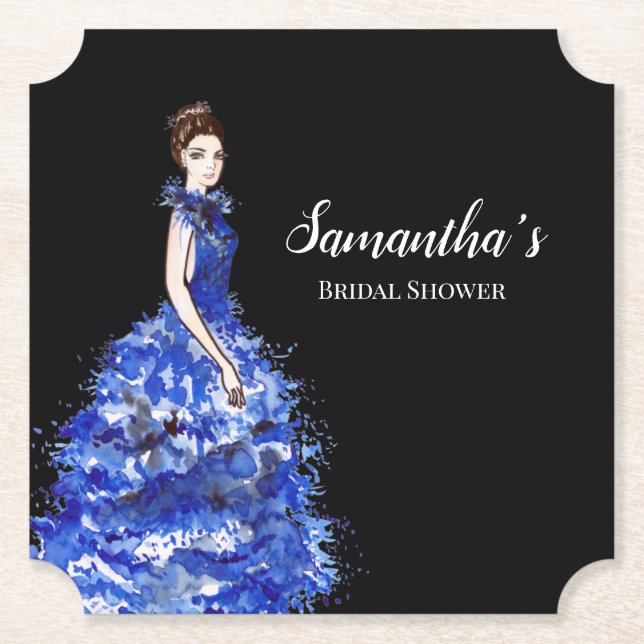 Bridal Shower Lady with Sparkly Blue Gown Fashion Paper Coaster (Front)