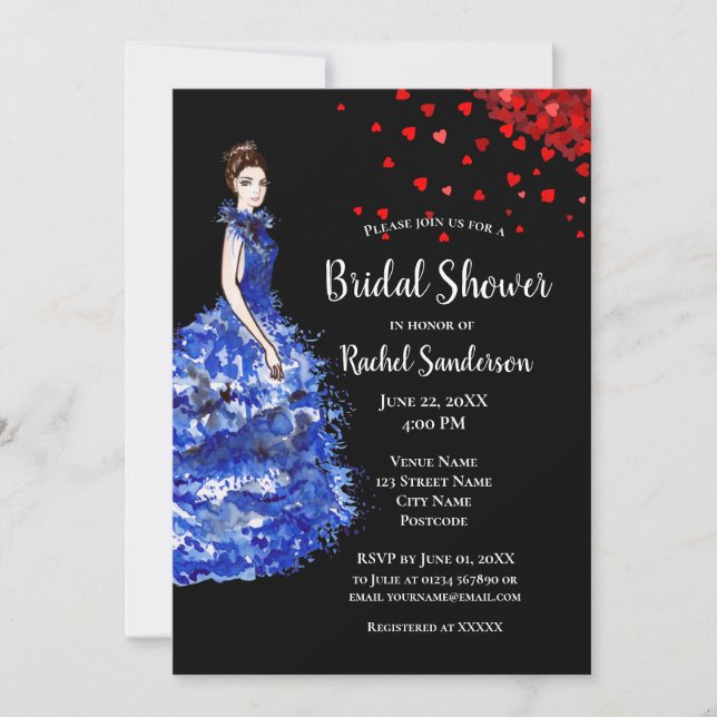 Bridal Shower Lady with Sparkly Blue Gown Heart Invitation (Front)