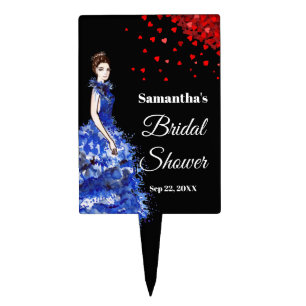 Bridal Shower Lady with Sparkly Blue Gown Hearts Cake Topper