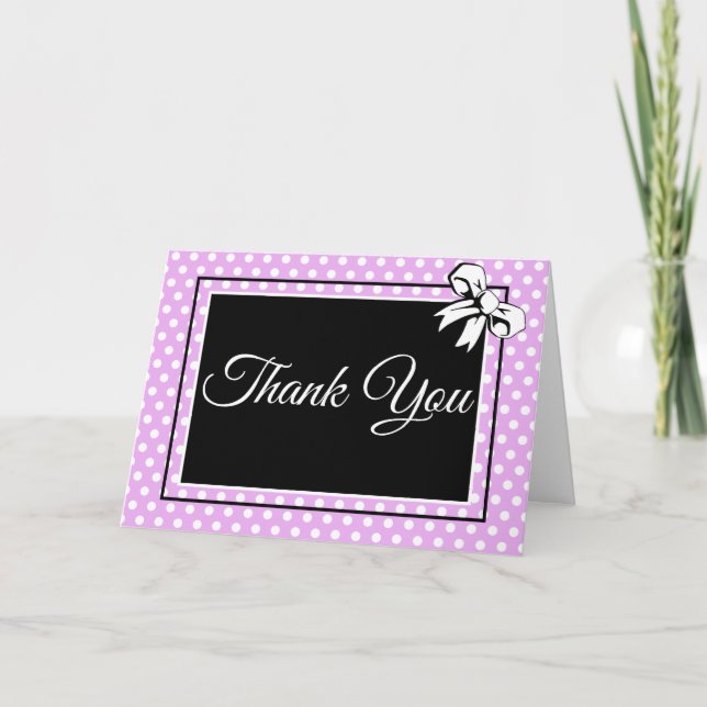 Bridal Shower Lavender and White Polka Dots & Bows Thank You Card (Front)