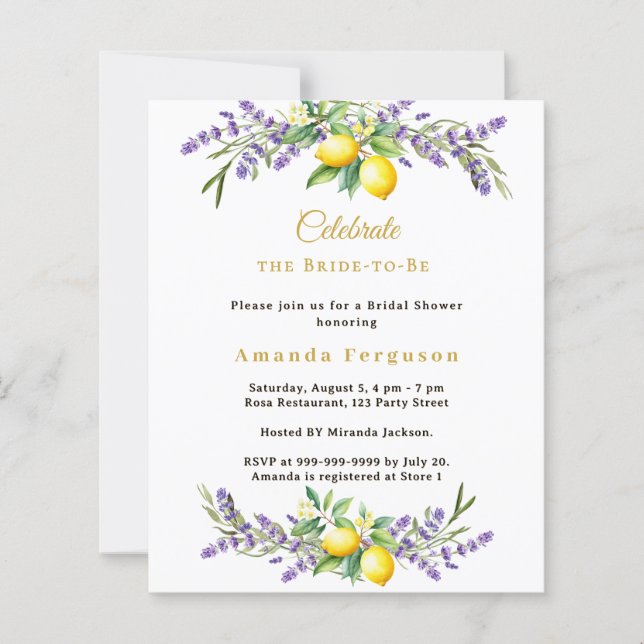 Bridal Shower lavender florals lemons invitation (Front)