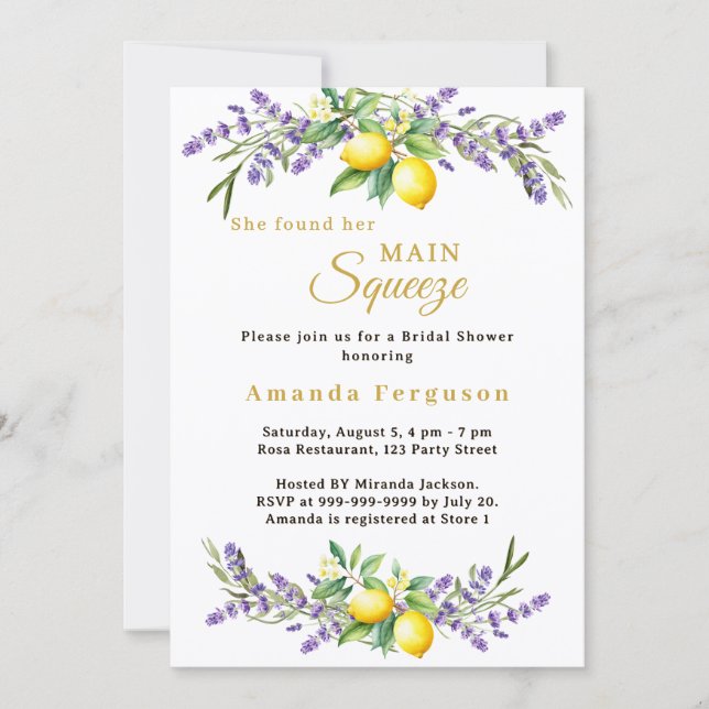 Bridal Shower lavender florals lemons main squeeze Invitation (Front)